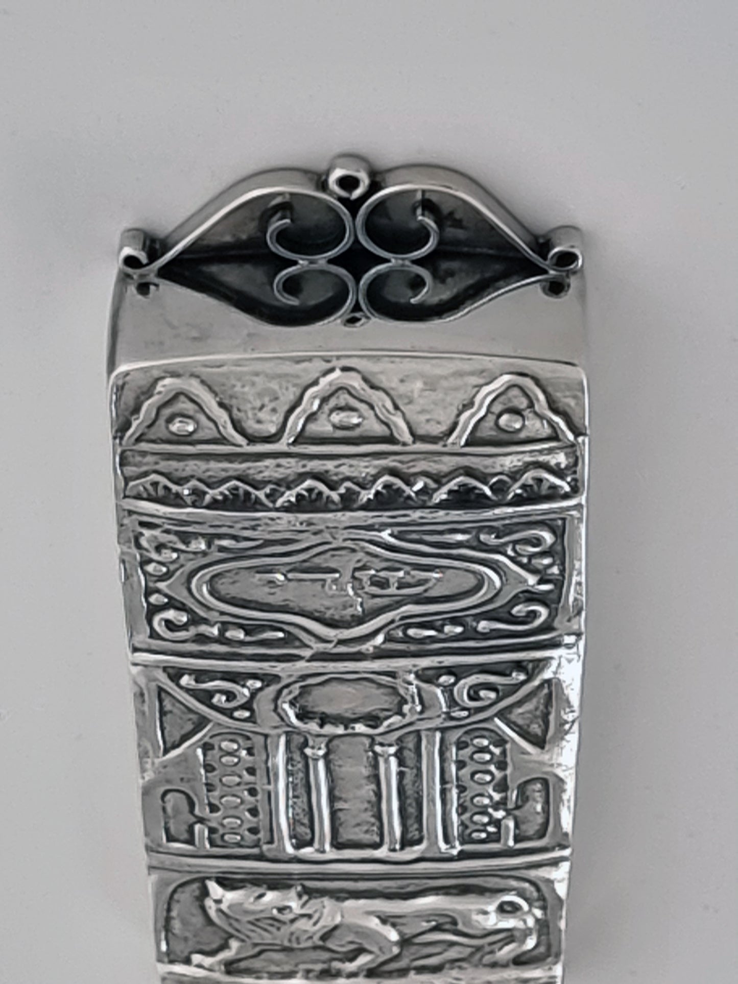 intricate decorations on the Bezalel 1925 Mezuzah
