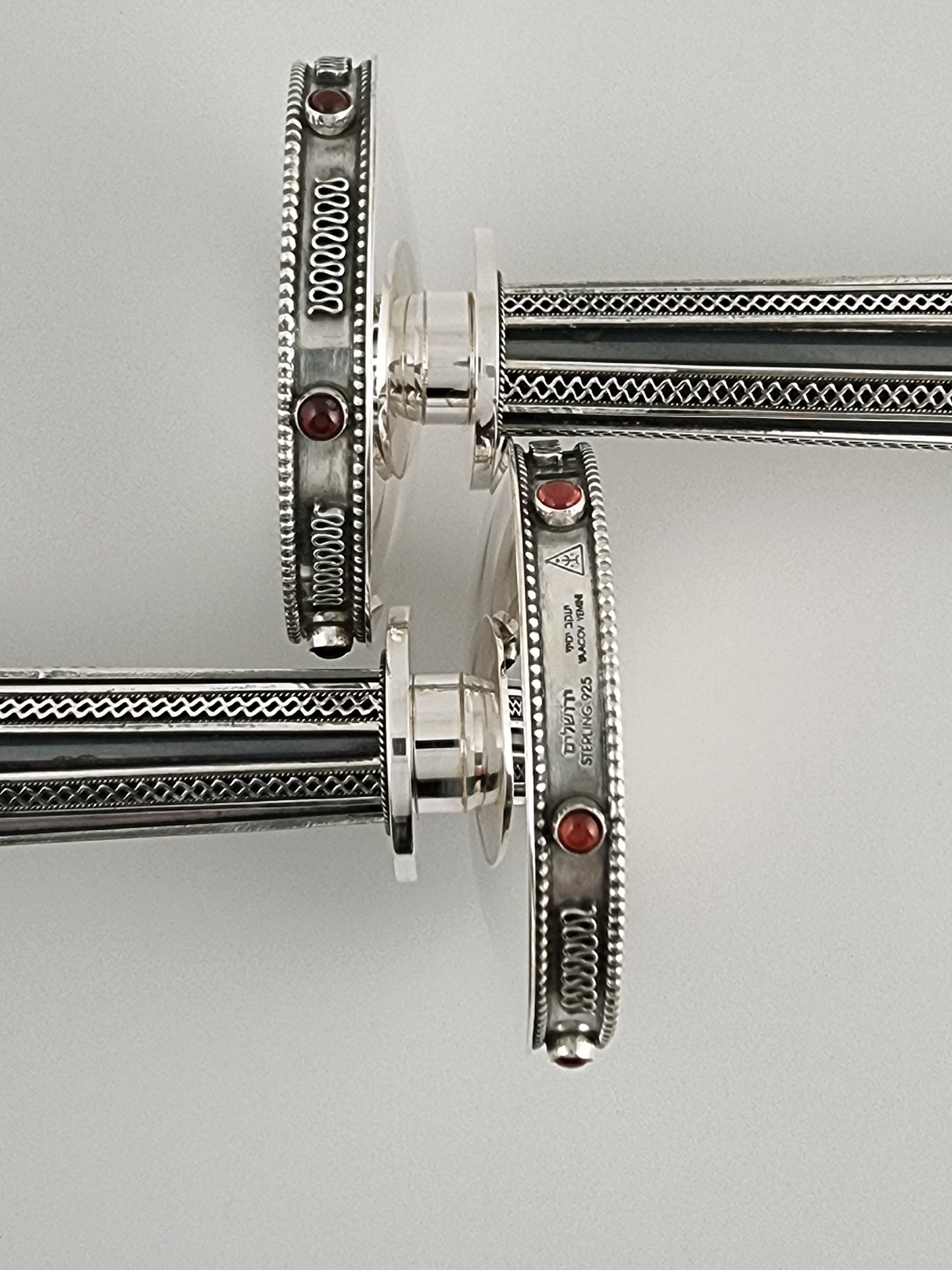 Yemini stamps on the base of the candlesticks include Yaacov Yemini, sterling 925, Jerusalem and our triangular emblem.