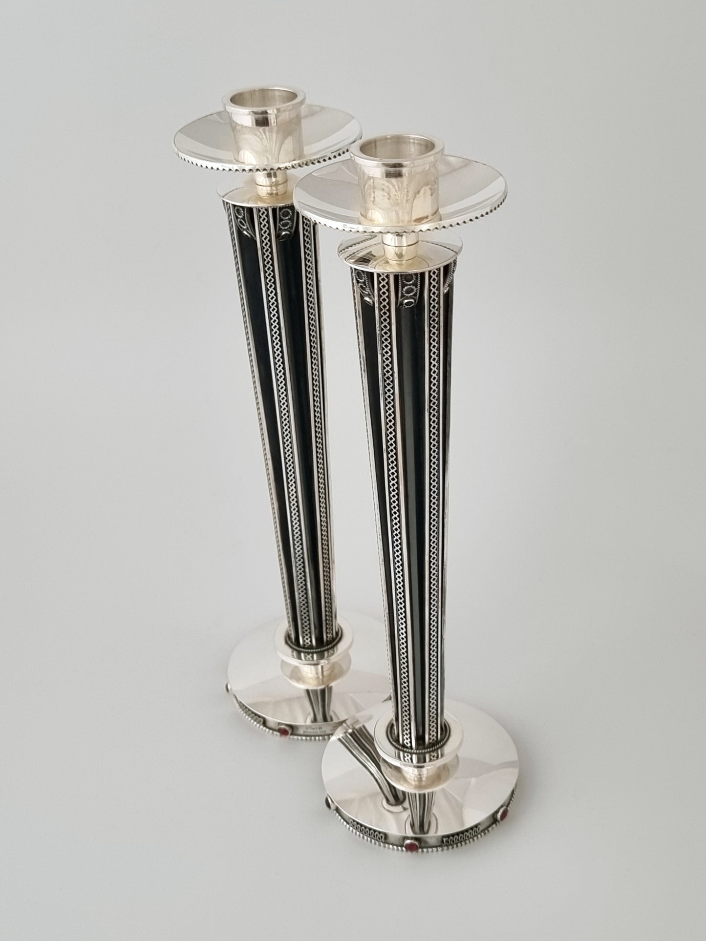 Silver candlesticks studded with garnets, handmade in Jerusalem since 1952