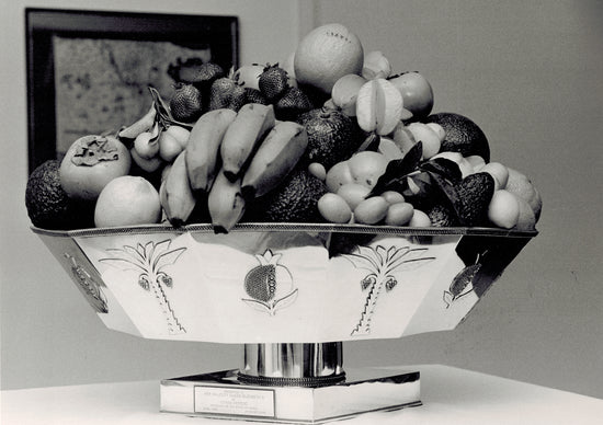 Majestic fruit bowl, full of Israel's best, made by Yemini and presented to the queen at 1984.