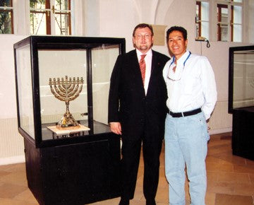 Boaz Yemini and Rabbi Walter Homolka next to our Hanukkiah in the 2003 Vienna exhibition.
